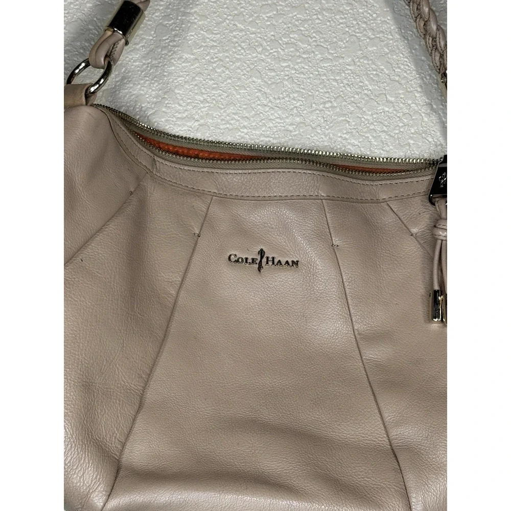 Cole Haan Leather Shoulder Bag Taupe Hobo Purse Braided Strap Slouchy